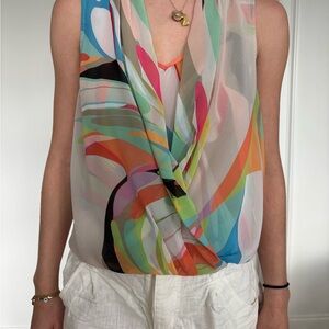 Trina Turk Pink and Blue Sleeveless Wrap Blouse